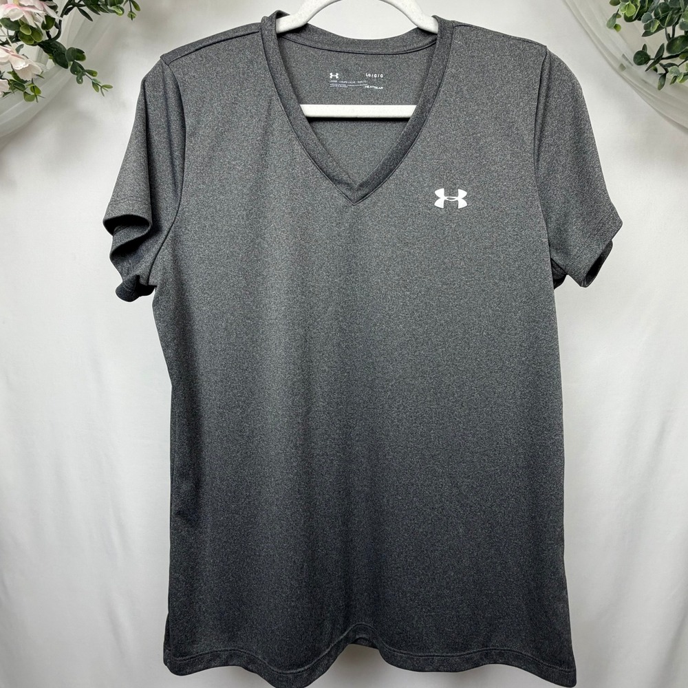 Under Armour HeatGear V-Neck T-Shirt Womens Large Gray Heather Short Sleeve